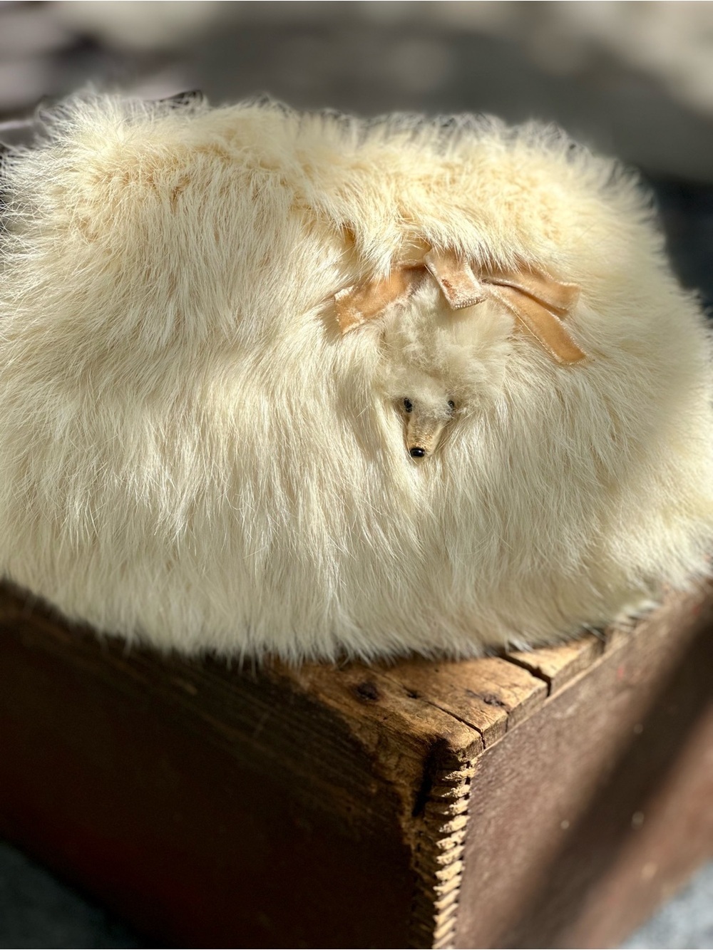 Vintage Child’s Rabbit Fur Hand Muff Fox Face Satin Back Lined Winter Muff